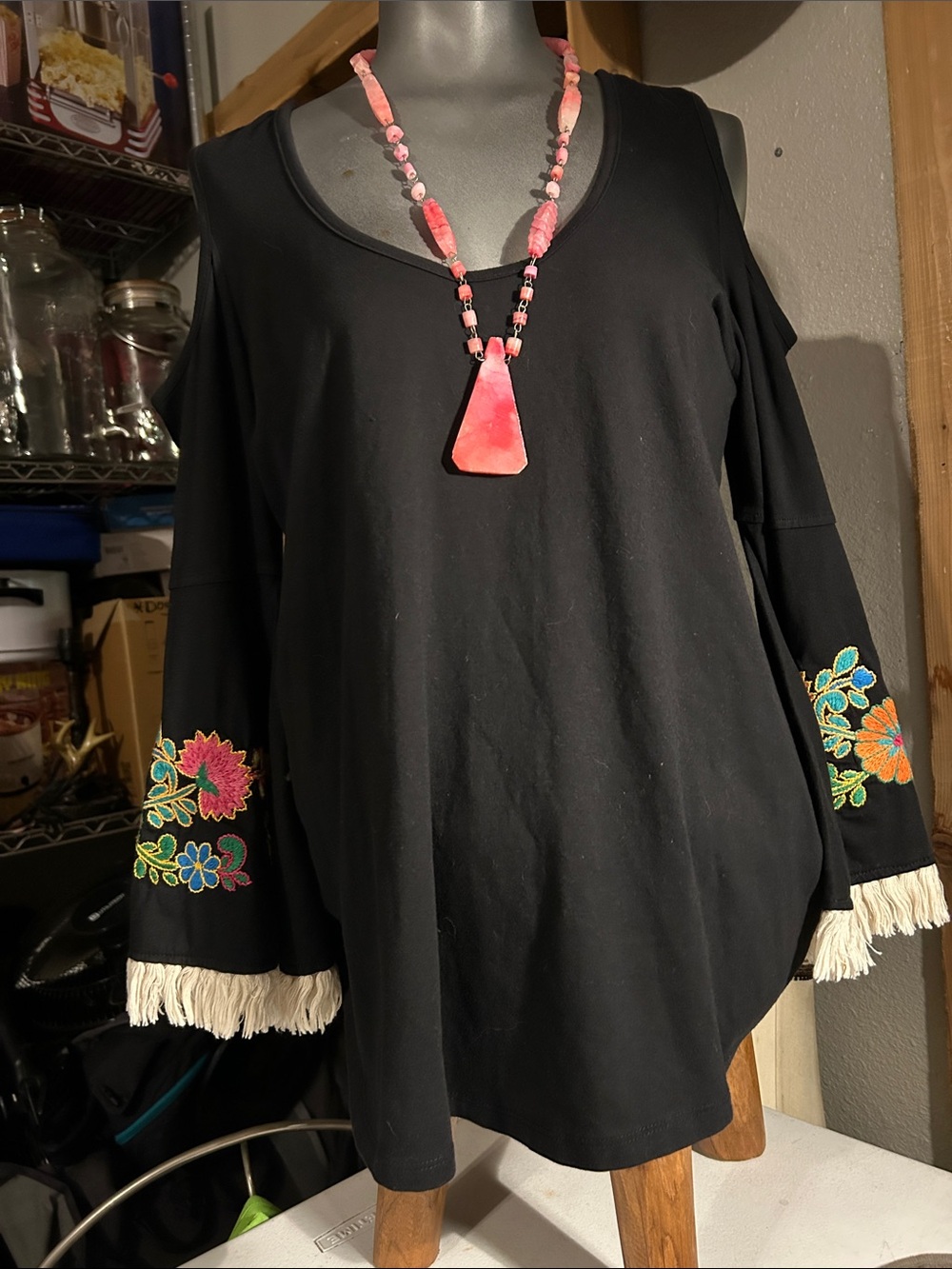 Vava by Joy Han Black Cold-Shoulder Tunic with Embroidered Floral Sleeves